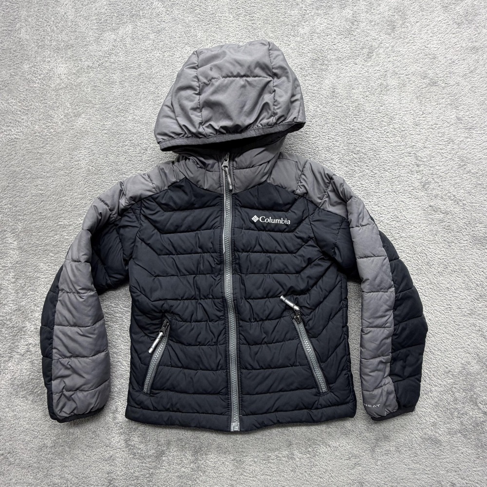 Columbia Jacket Youth 6 Black Gray Hooded Puffer Omni-Heat Insulated Full Zip
